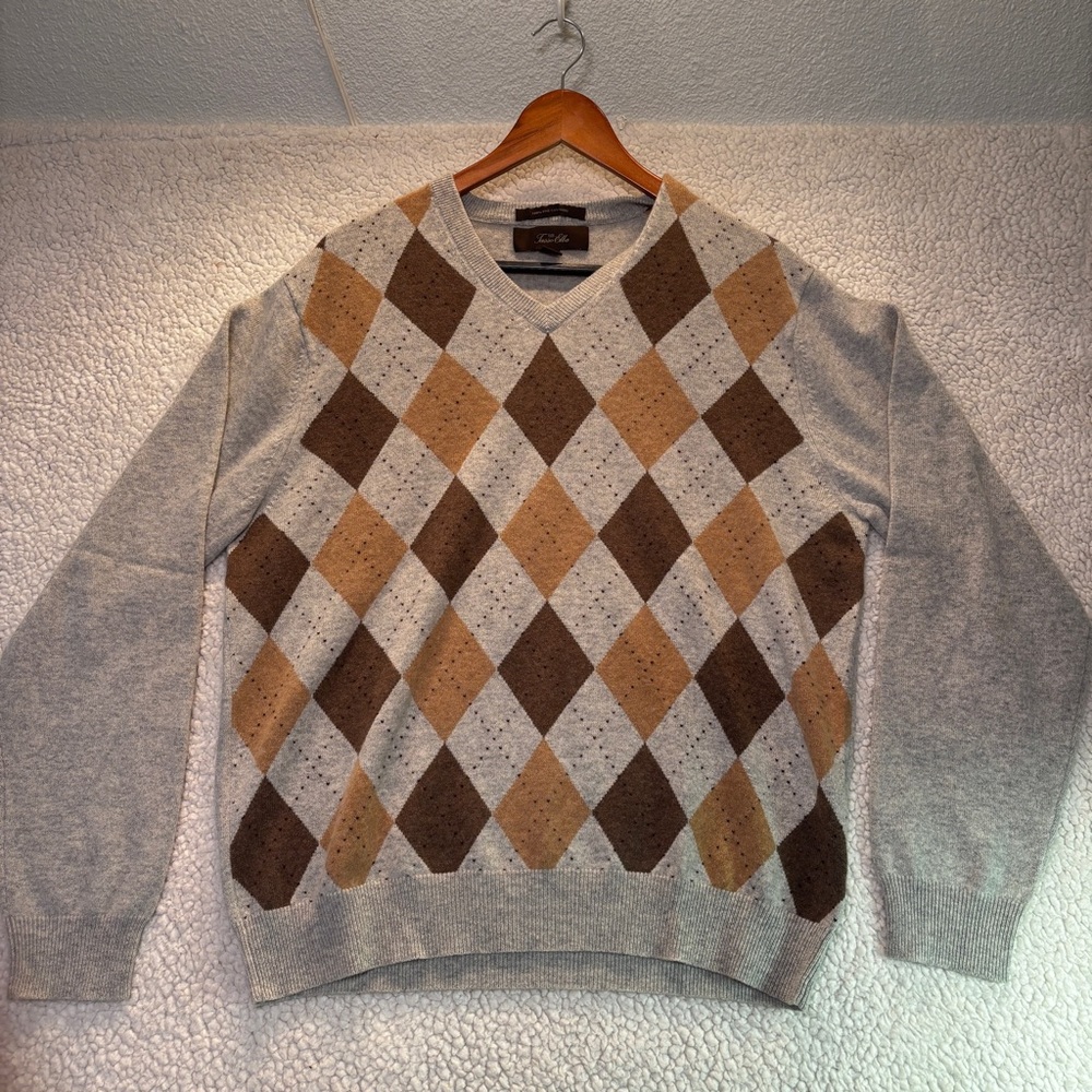 Tasso Elba 100% Cashmere Argyle Sweater Gray Tan Brown Men’s M Fall